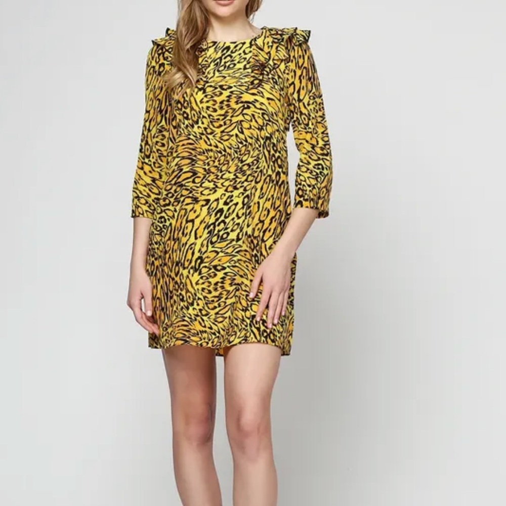 Juicy Couture 100% Silk Animal Print YellowBlack Ruffle Neck Dress Size 4